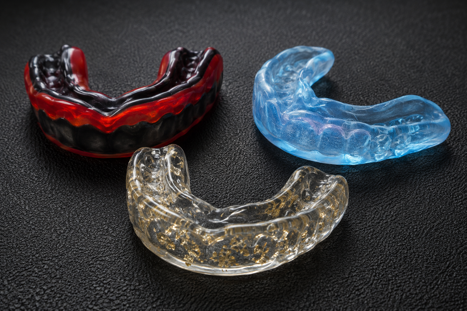 Three custom laminated sports mouthguards