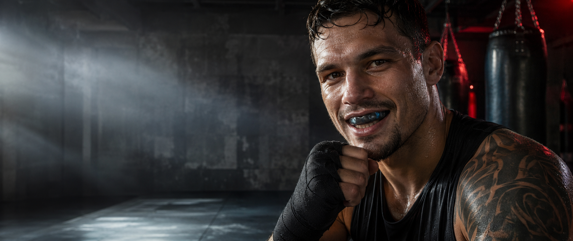 Combat athlete wearing a fitted sports mouthguard
